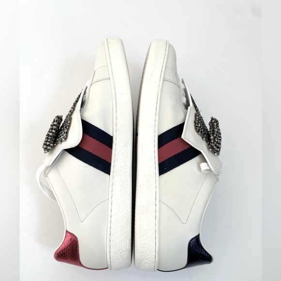 Gucci White Leather Ace Embellished Bow Patch Web Stripe low top sneakers EU38.5 - Picture 10 of 12
